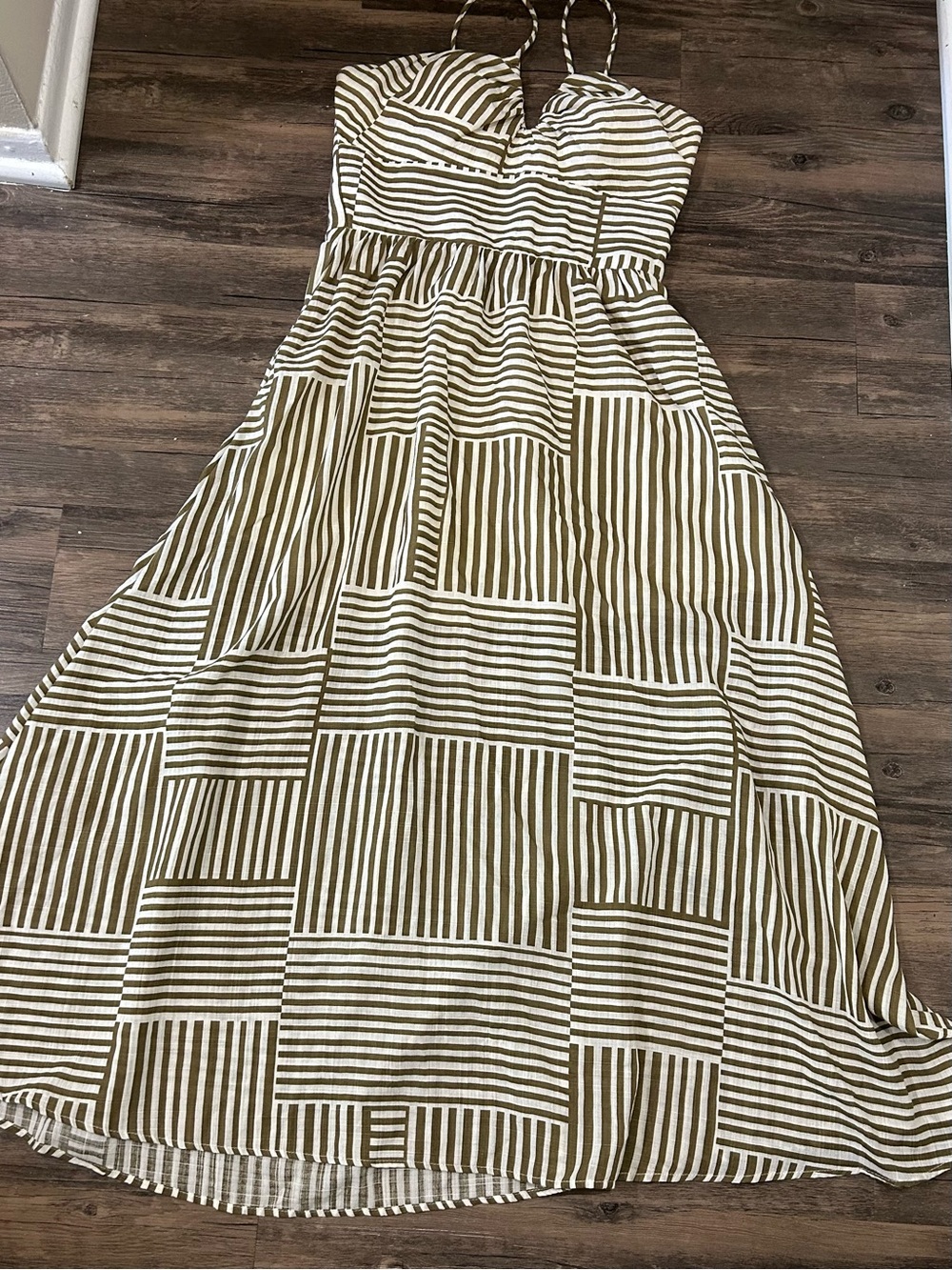Together Olive and White Striped Maxi Dress with Spaghetti Straps - Picture 1 of 4